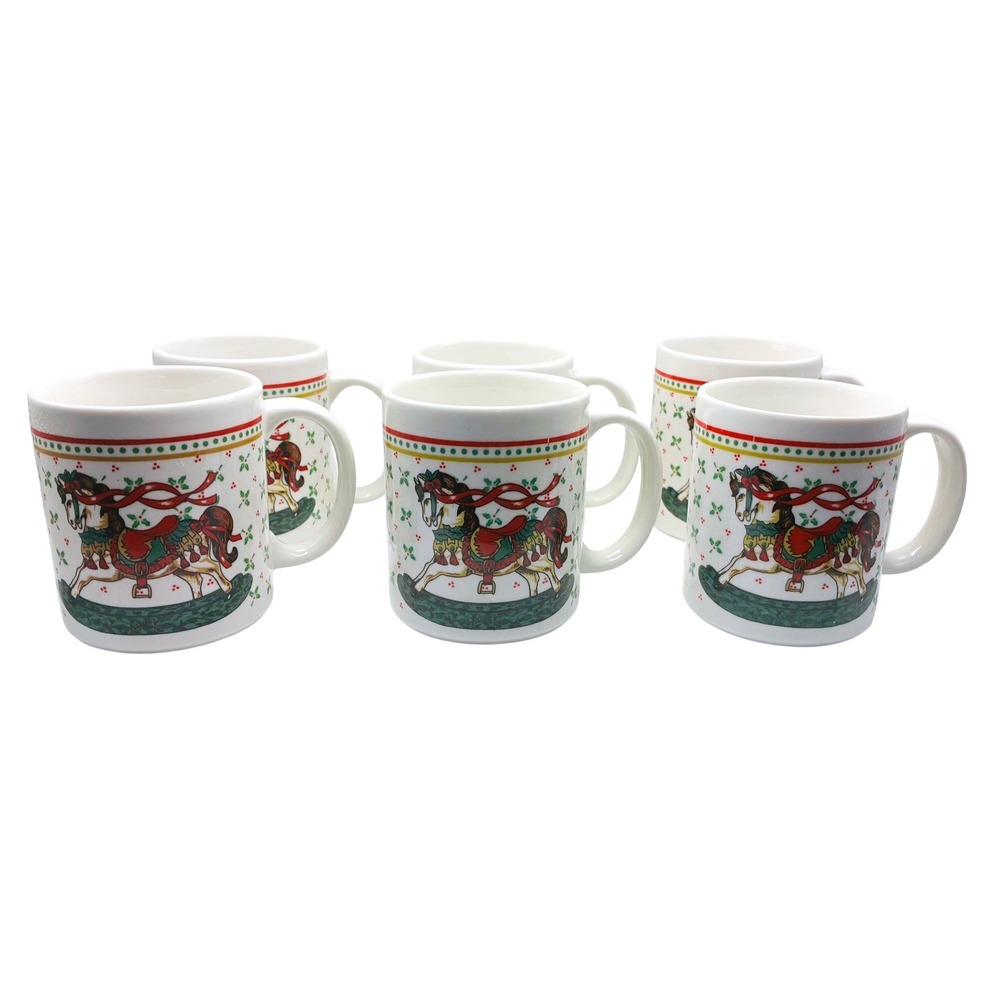 Coffee Mug Set 6pk White Vintage Rocking Horse Christmas Holiday